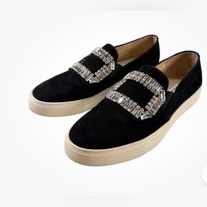 Karl Lagerfeld Ermine Black Velvet Rhinestone Embellished slip on Shoes Size 9